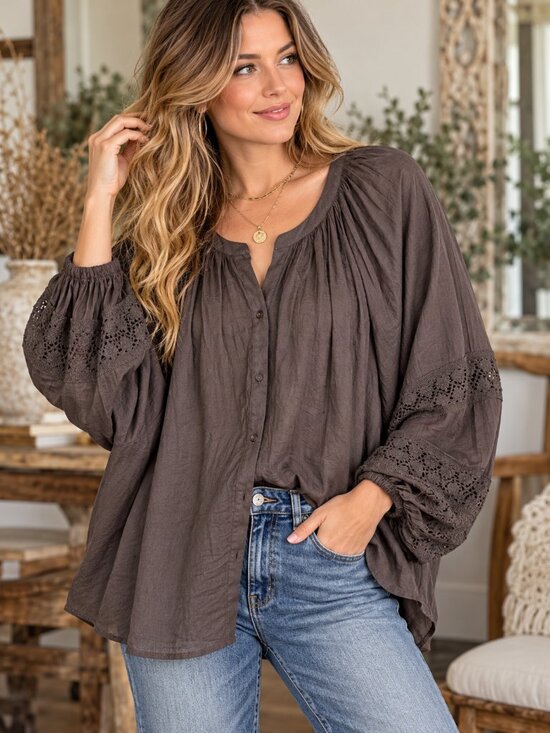 aerie Tops - Aerie Brown Boho Peasant Blouse XL Crochet Lace Coquette Romantic Whimsy Goth